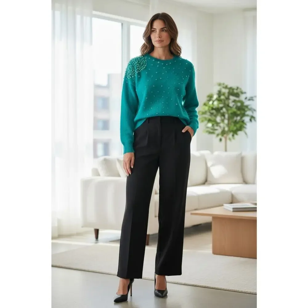 1980s Beaded Sequin CASHMERE Sweater Sz Small‎ Aqua Green Round Neck Barbiecore
